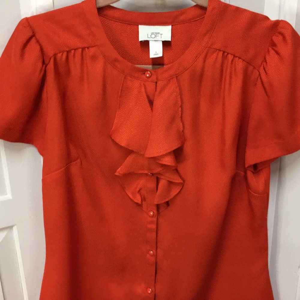 LOFT Orange Button Down Blouse w/ Ruffle Detail - Picture 6 of 16